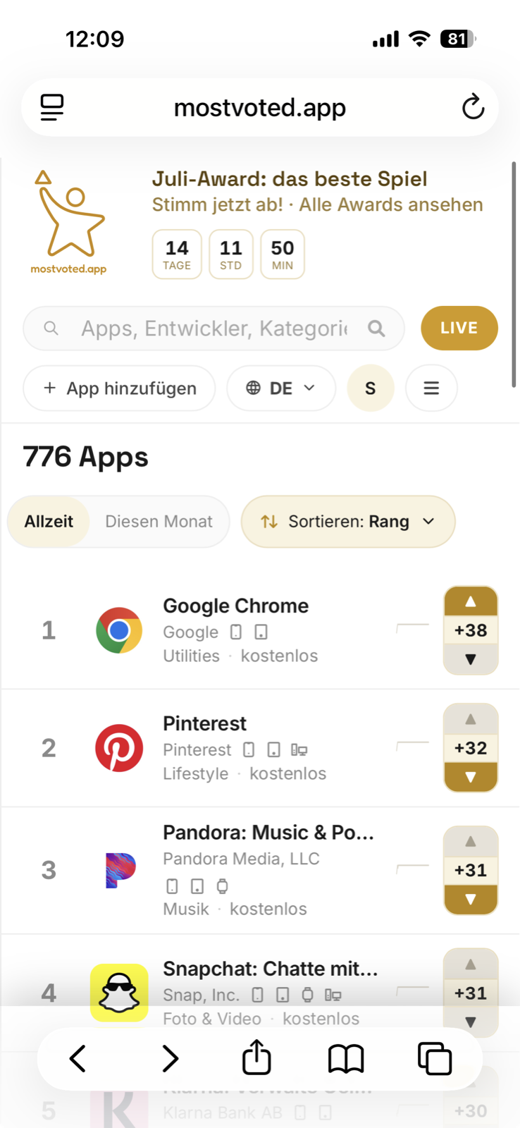 mostvoted.app in der mobilen Ansicht